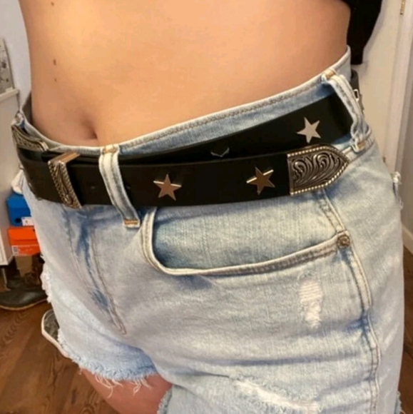 Western boho silver buckle black faux leather star studs waist belt - Picture 9 of 14